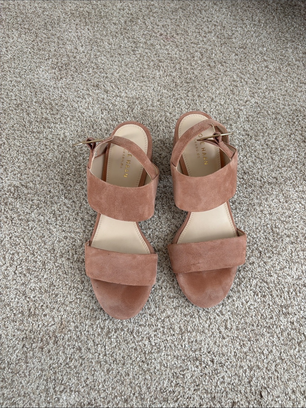 Cole Haan Pink-Tan Suede Double-Strap Block Heel Sandals